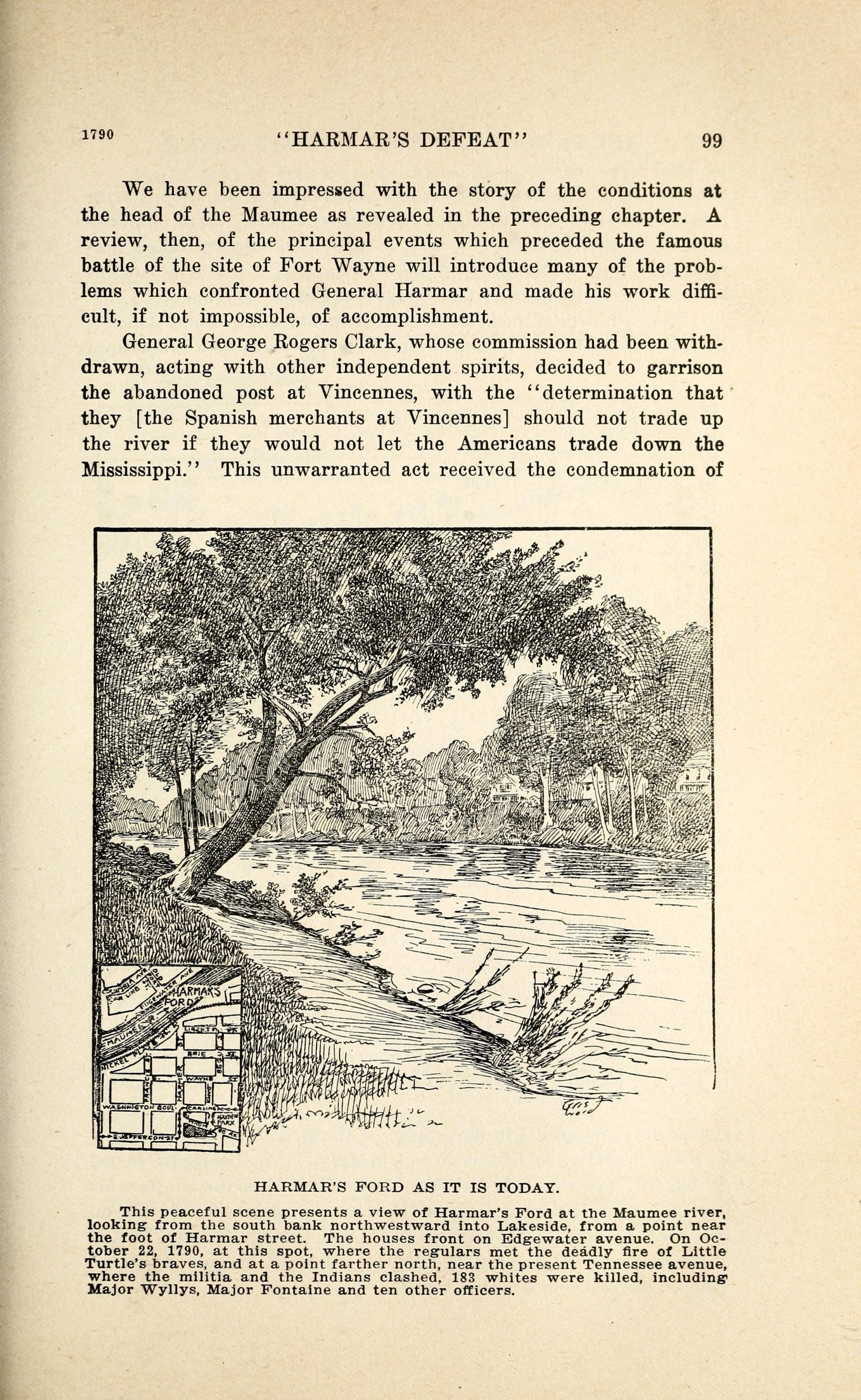 A printed page from a 1917 volume, numbered 99, with a running head in quotation marks. Below two paragraphs of text sits a pen and ink drawing of a river seen from a wooded bank, a large tree leaning out over the water from the left, houses among the trees on the far side, and a shelving gravel bar in the foreground. A small inset street map is set into the lower left corner of the drawing, and a signature is worked into the lower right. A caption in small capitals runs beneath it.